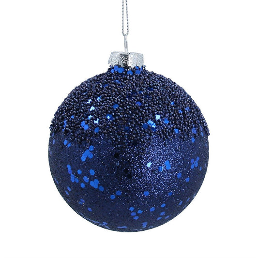 Dark Blue Sparkle & Beaded Glass Bauble