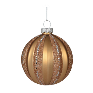 Matt Caramel Brown with Glitter Stripe Glass Bauble