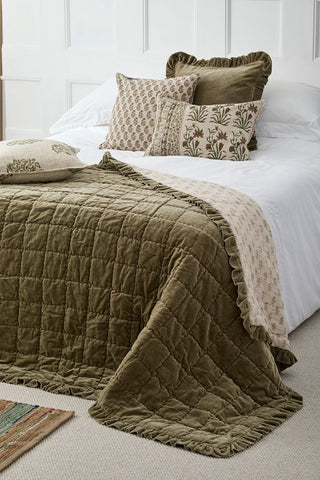 Matilda Velvet Ruffle Bedspread Olive