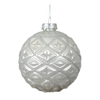 Matt White Glitter Diamond Design Glass Bauble