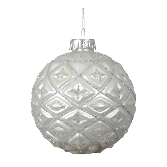 Matt White Glitter Diamond Design Glass Bauble