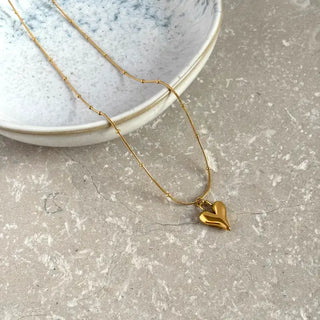 Tarnish Resistant Gold Puffed Heart Drop Necklace