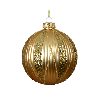 Light Gold Ribbed with Gold Glitter Lines Glass Bauble