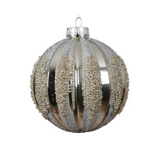 Gloss Silver with Beaded Stripe Glass Bauble