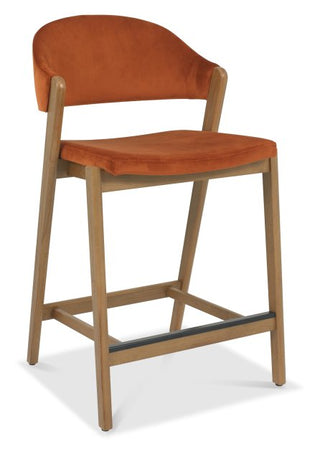 Camden Rustic Oak Upholstered Bar Stool - Rust Velvet Fabric