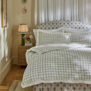 Painted Gingham Lace Double Duvet Set Green