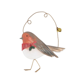 Robin with Red Scarf Wood Tree Decoration