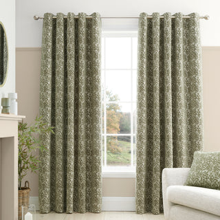 Green Chenille Leaves Lined Eyelet Curtains 66" x 72"