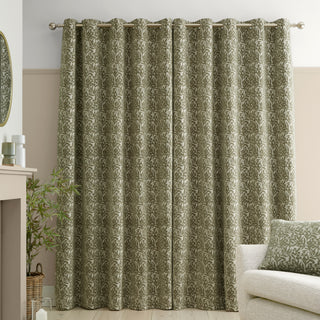 Green Chenille Leaves Lined Eyelet Curtains 66" x 72"