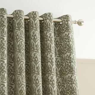 Green Chenille Leaves Lined Eyelet Curtains 66" x 72"