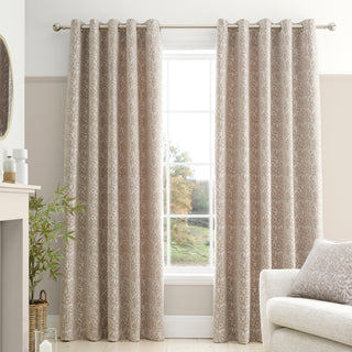 Natural Chenille Leaves Lined Eyelet Curtains 66" x 72"