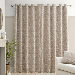 Natural Chenille Leaves Lined Eyelet Curtains 66" x 72"