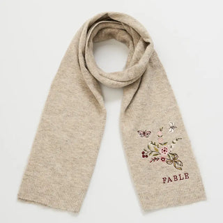 Eve Floral Embroidered Kntted Scarf in Oat Marl