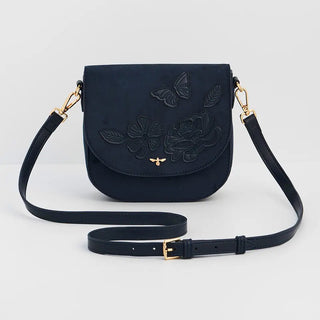 Beth Floral Applique Saddle Bag in Navy Suedette
