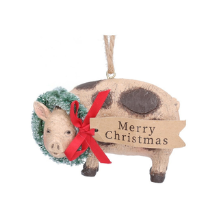 Merry Christmas Pig with Wreath Tree Decoration