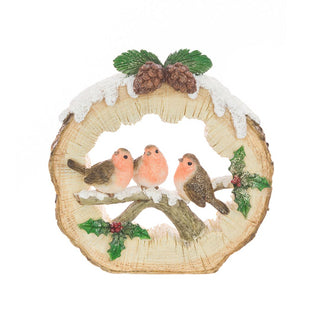 Resin Three Robins In Log 16.5cm