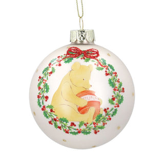 Matt Off White Winnie-The-Pooh in Wreath Glass Bauble