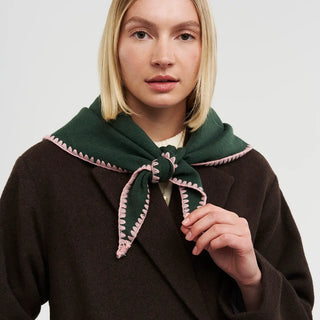 Hedgehog Embroidered Knitted Triangle Scarf in Forest Green