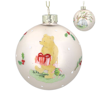 Matt Off White Winnie-The-Pooh with Present Glass Bauble