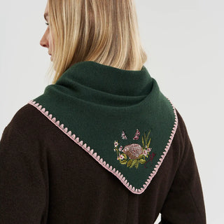 Hedgehog Embroidered Knitted Triangle Scarf in Forest Green