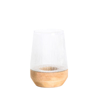 Minas Ribbed Glass Natural Wood Hurricane 26cm