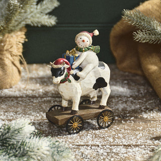 Resin Snowman Riding Cow on Cart Ornament