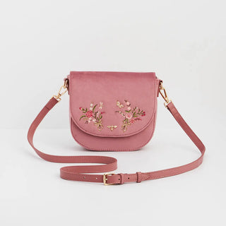 Beth Floral Posy Embroidered Saddle Bag in Rose Pink Velvet
