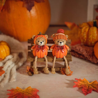 Resin Pumpkin Bears Sitting On Bench Ornament