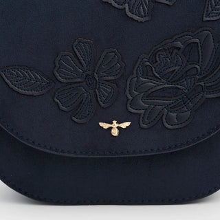 Beth Floral Applique Saddle Bag in Navy Suedette