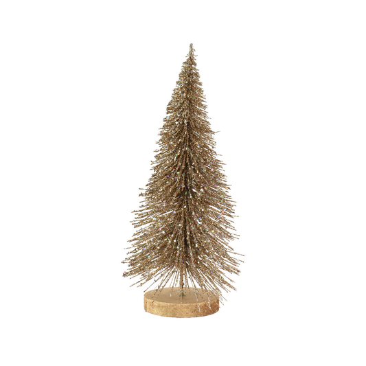 Soft Gold Glitter Birstle Tree with Wood Base Lrg