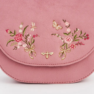 Beth Floral Posy Embroidered Saddle Bag in Rose Pink Velvet