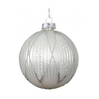 Matt White Ribbed with Silver Glitter Lines Glass Bauble