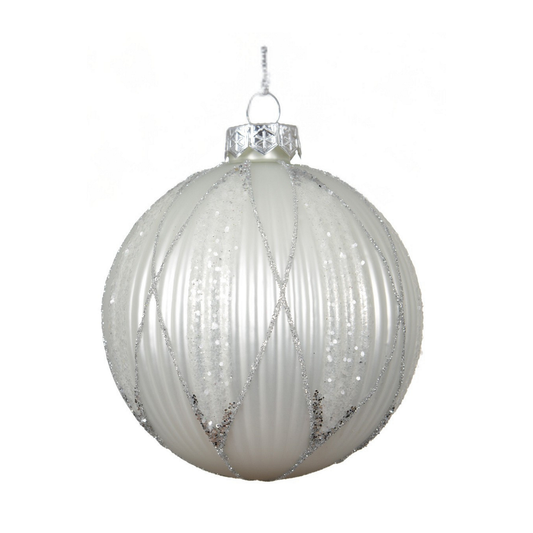Matt White Ribbed with Silver Glitter Lines Glass Bauble