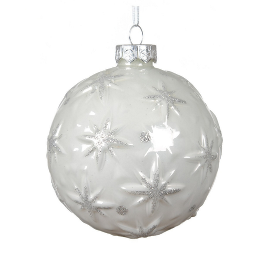 Gloss White with Silver Stars Glass Bauble