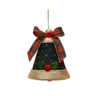 Green Velvet Bell with Tartan Bow Tree Decoration