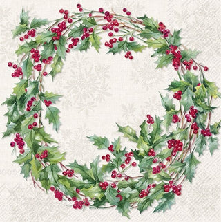Ilex Wreath Cream Cocktail Napkins
