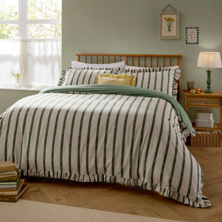 Connie Striped Ruffle Double Duvet Cover Set - Moss