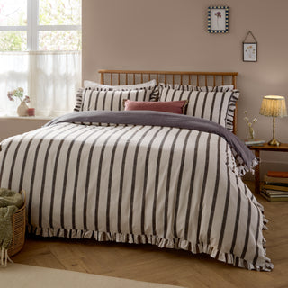 Connie Striped Ruffle Double Duvet Set Chocolate