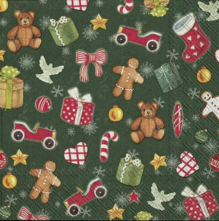 Festive Christmas Toys Green Cocktail Napkins