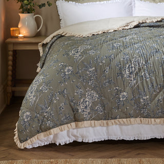Hermione Ruffled Cotton Bedspread Moss 200cm