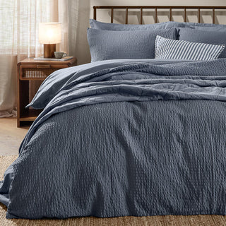 Hebden Relaxed Seersucker Super King Duvet Set Denim Blue