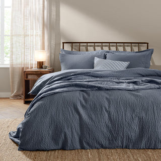 Hebden Relaxed Seersucker Super King Duvet Set Denim Blue