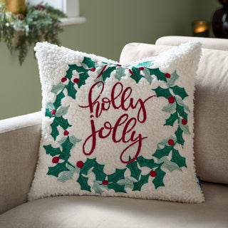 Holly Wreath Embroidered Cushion Multicolour