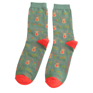 Reindeer & Holly Green Socks