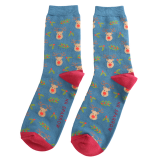 Reindeer & Holly Teal Socks