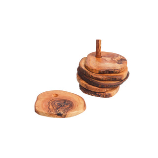 Olive Wood Rustic Coaster with Holder (Set of 6)