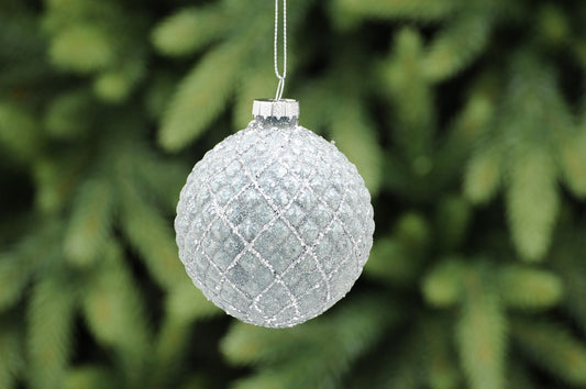 Pewter Flocked Glass Ridged Bauble