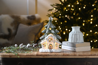 LED White House with Tall Christmas Tree Ornament