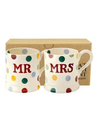 Polka Dot Mr & Mrs Set Of 2 1/2 Pint Mugs Boxed