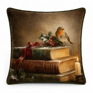 Velvet Christmas Robin Cushion